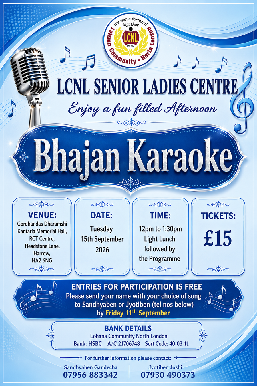 Poster for LCNL Senior Ladies Centre – Bhajan Karaoke